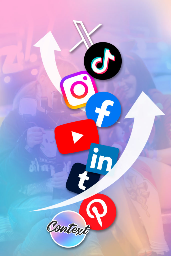 Graphic showng multiple big brand social media logos in with arrows signifying growth either side against a pastel overlay