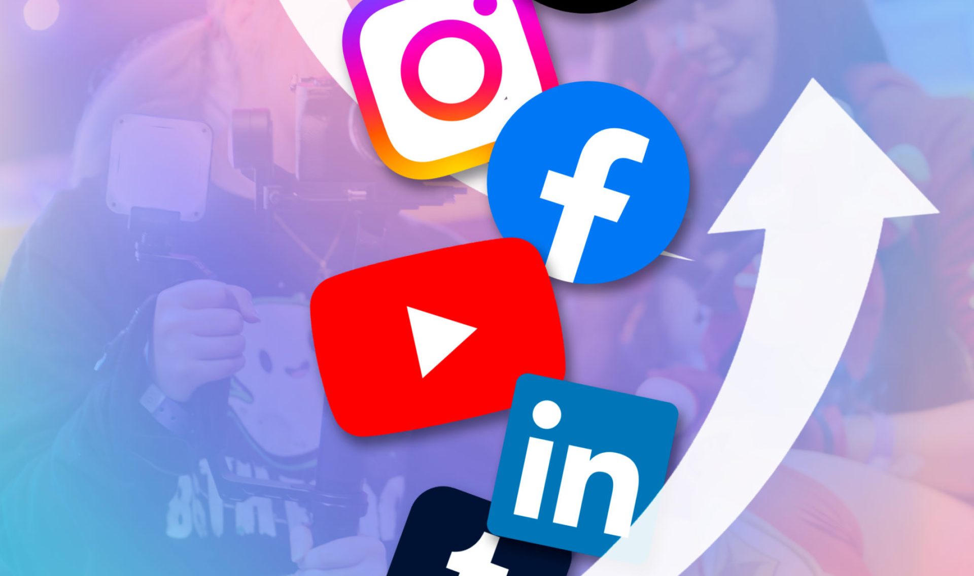 Graphic showng multiple big brand social media logos in with arrows signifying growth either side against a pastel overlay